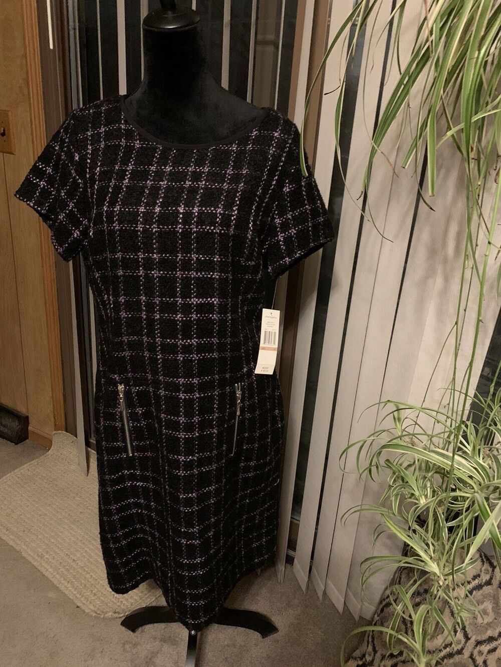 Sharagano Dress Womens 12 Purple Black Wool Blend Knit Zip Back New